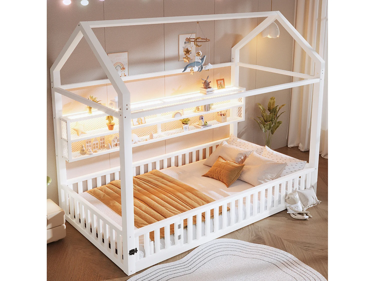 Kinderbett aus Metall 90x200 cm - Haus-Motiv - mit Sicherheitsgitter - mit LED-Lichtern - Weiß​ (Matratze nicht inbegriffen)