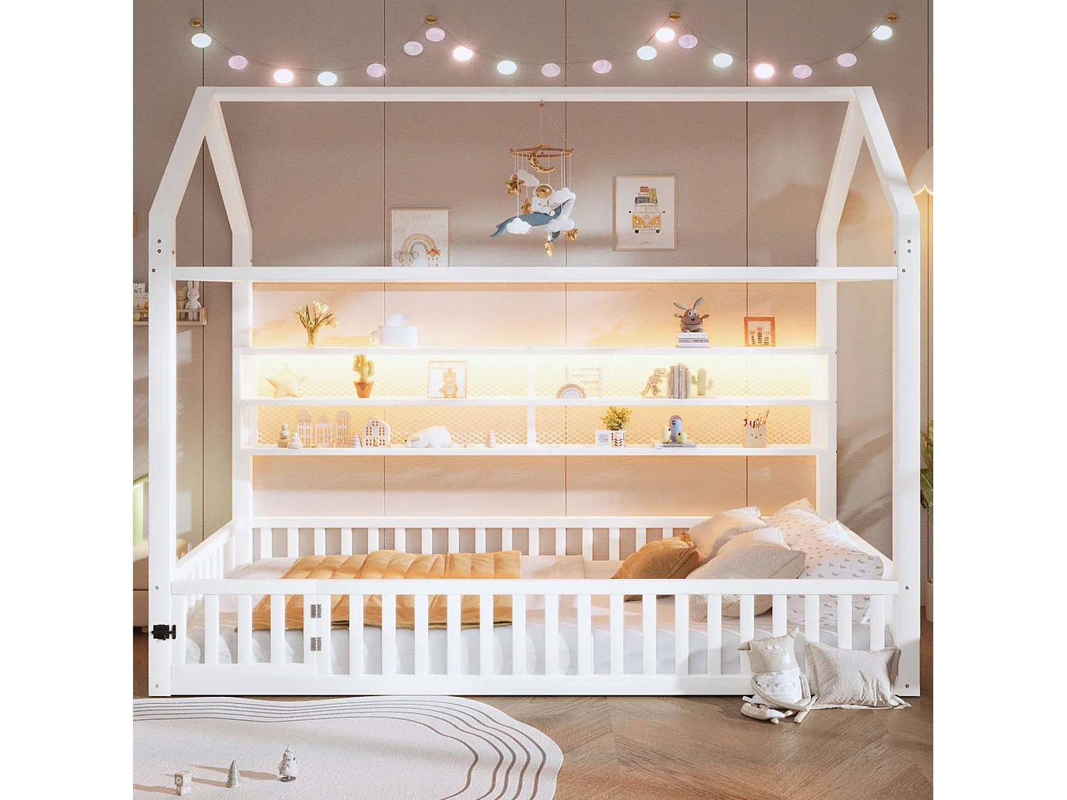 Kinderbett aus Metall 90x200 cm - Haus-Motiv - mit Sicherheitsgitter - mit LED-Lichtern - Weiß​ (Matratze nicht inbegriffen)