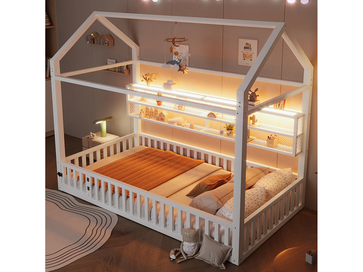 Kinderbett aus Metall 90x200 cm - Haus-Motiv - mit Sicherheitsgitter - mit LED-Lichtern - Weiß​ (Matratze nicht inbegriffen)