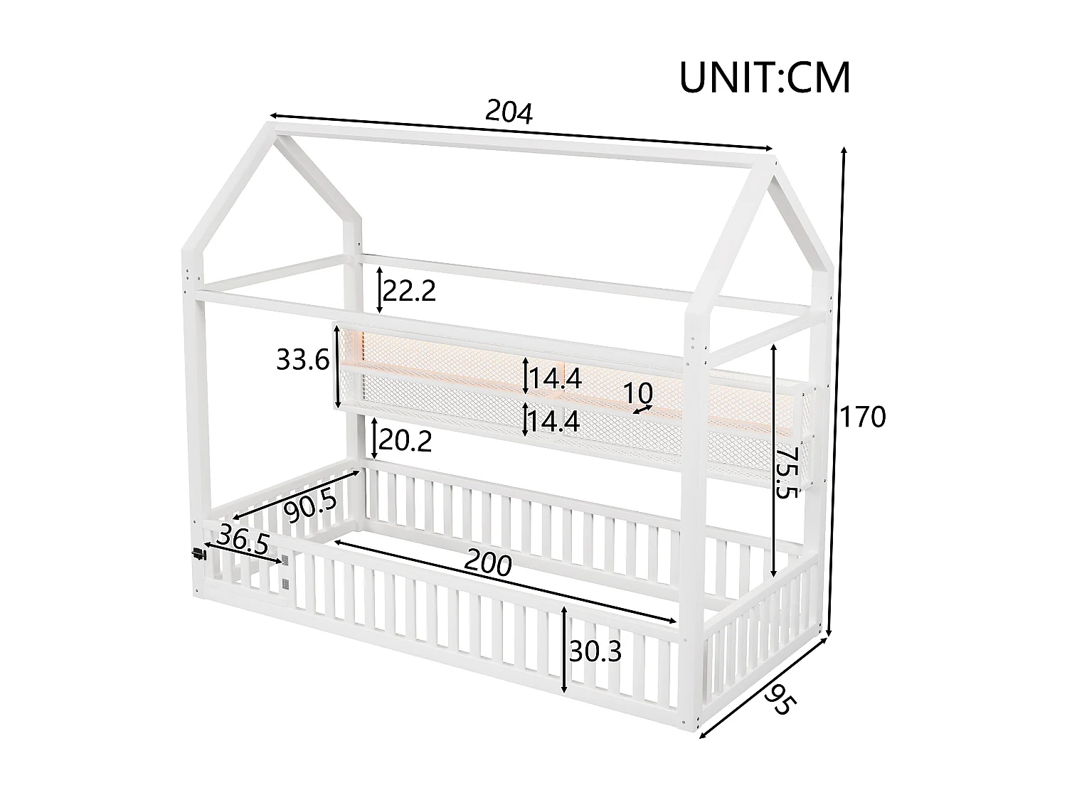 Kinderbett aus Metall 90x200 cm - Haus-Motiv - mit Sicherheitsgitter - mit LED-Lichtern - Weiß​ (Matratze nicht inbegriffen)