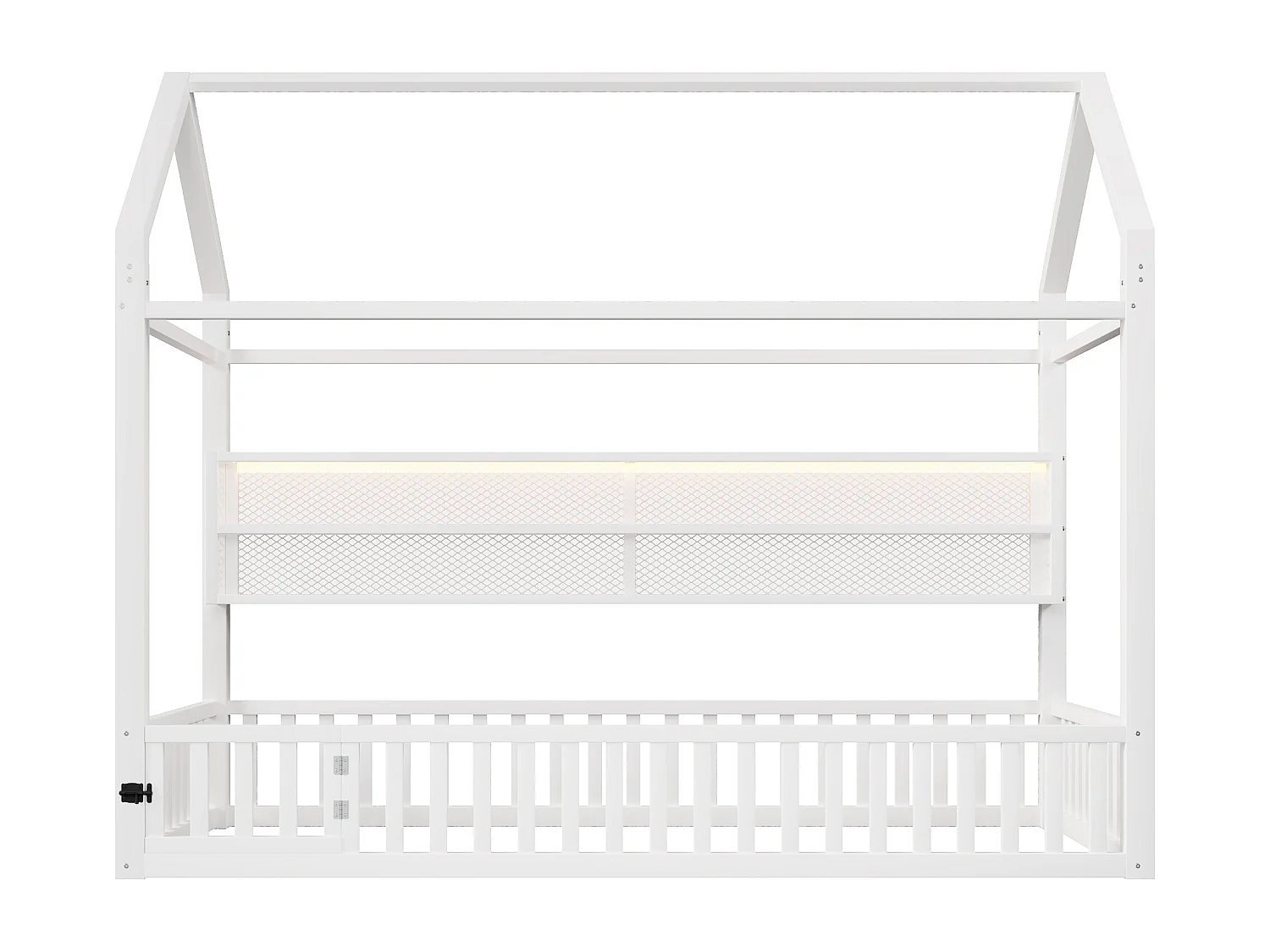 Kinderbett aus Metall 90x200 cm - Haus-Motiv - mit Sicherheitsgitter - mit LED-Lichtern - Weiß​ (Matratze nicht inbegriffen)