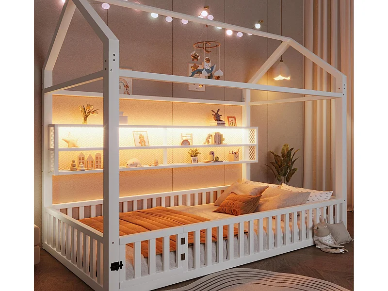 Lit enfant en métal 90x200 cm - Motif maison - avec barrière de sécurité - avec lumières LED - Blanc (Matelas non inclus)