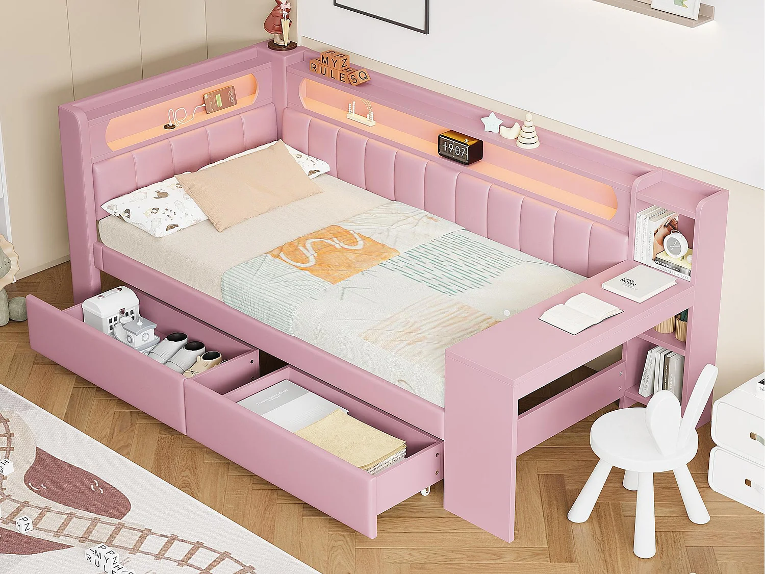 Canapé-lit rembourré 90x200 cm - avec ports USB et LED - avec bureau et 2 tiroirs - rose(sans matelas)