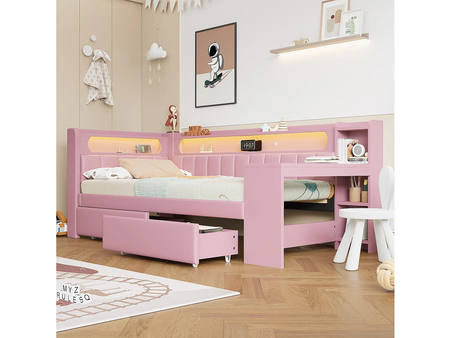 Canapé-lit rembourré 90x200 cm - avec ports USB et LED - avec bureau et 2 tiroirs - rose(sans matelas)