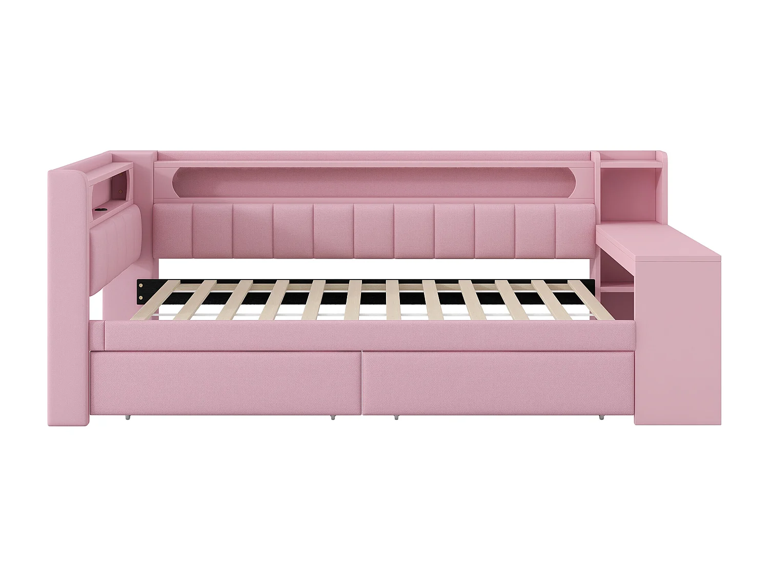 Canapé-lit rembourré 90x200 cm - avec ports USB et LED - avec bureau et 2 tiroirs - rose(sans matelas)