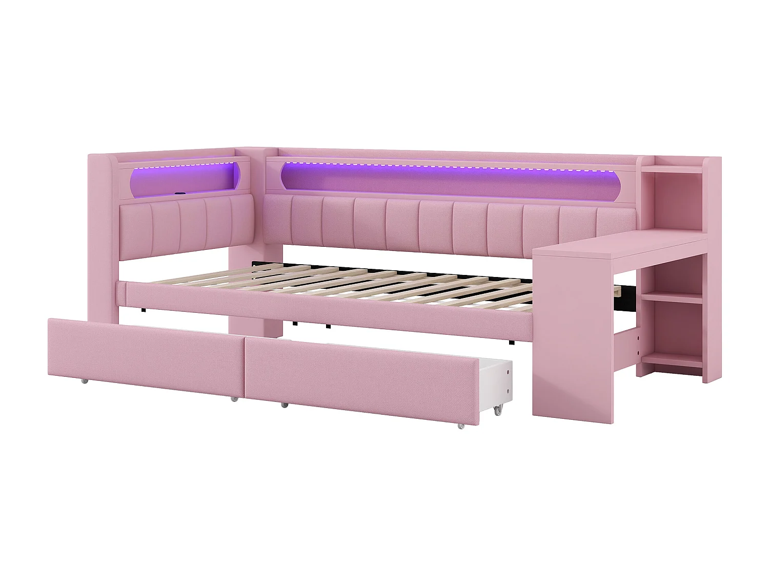 Canapé-lit rembourré 90x200 cm - avec ports USB et LED - avec bureau et 2 tiroirs - rose(sans matelas)