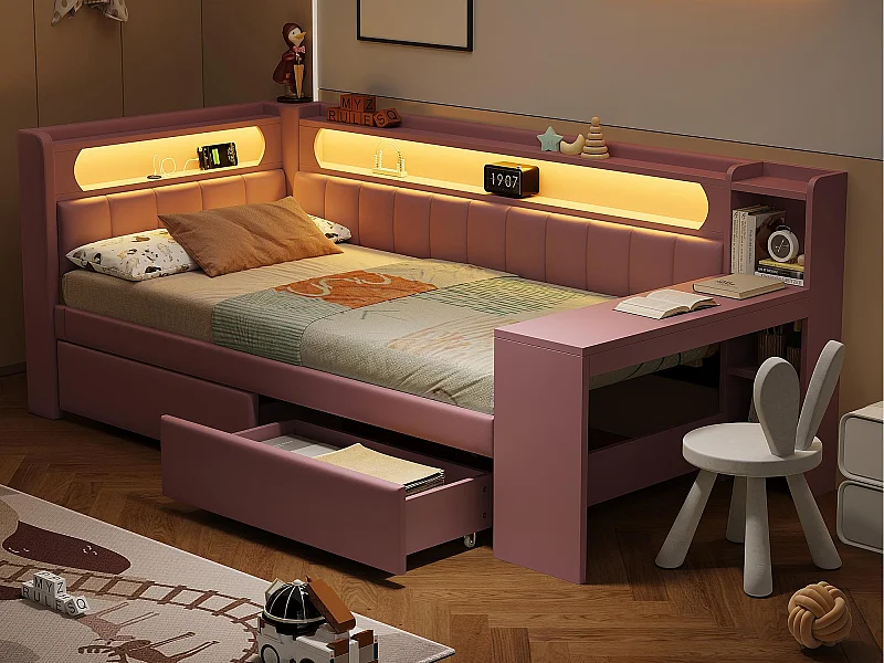 Canapé-lit rembourré 90x200 cm - avec ports USB et LED - avec bureau et 2 tiroirs - rose(sans matelas)