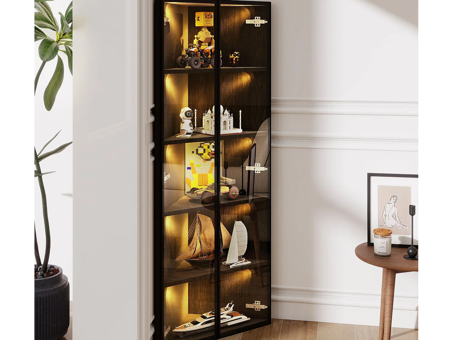 Vitrine d'angle 62x35x160cm - avec éclairage LED - 2 portes vitrées - Noir