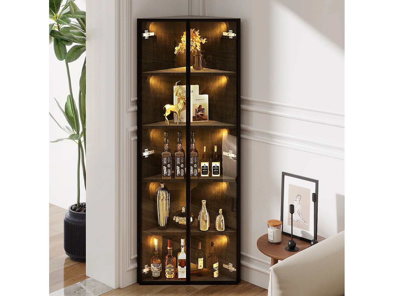 Vitrine d'angle 62x35x160cm - avec éclairage LED - 2 portes vitrées - Noir
