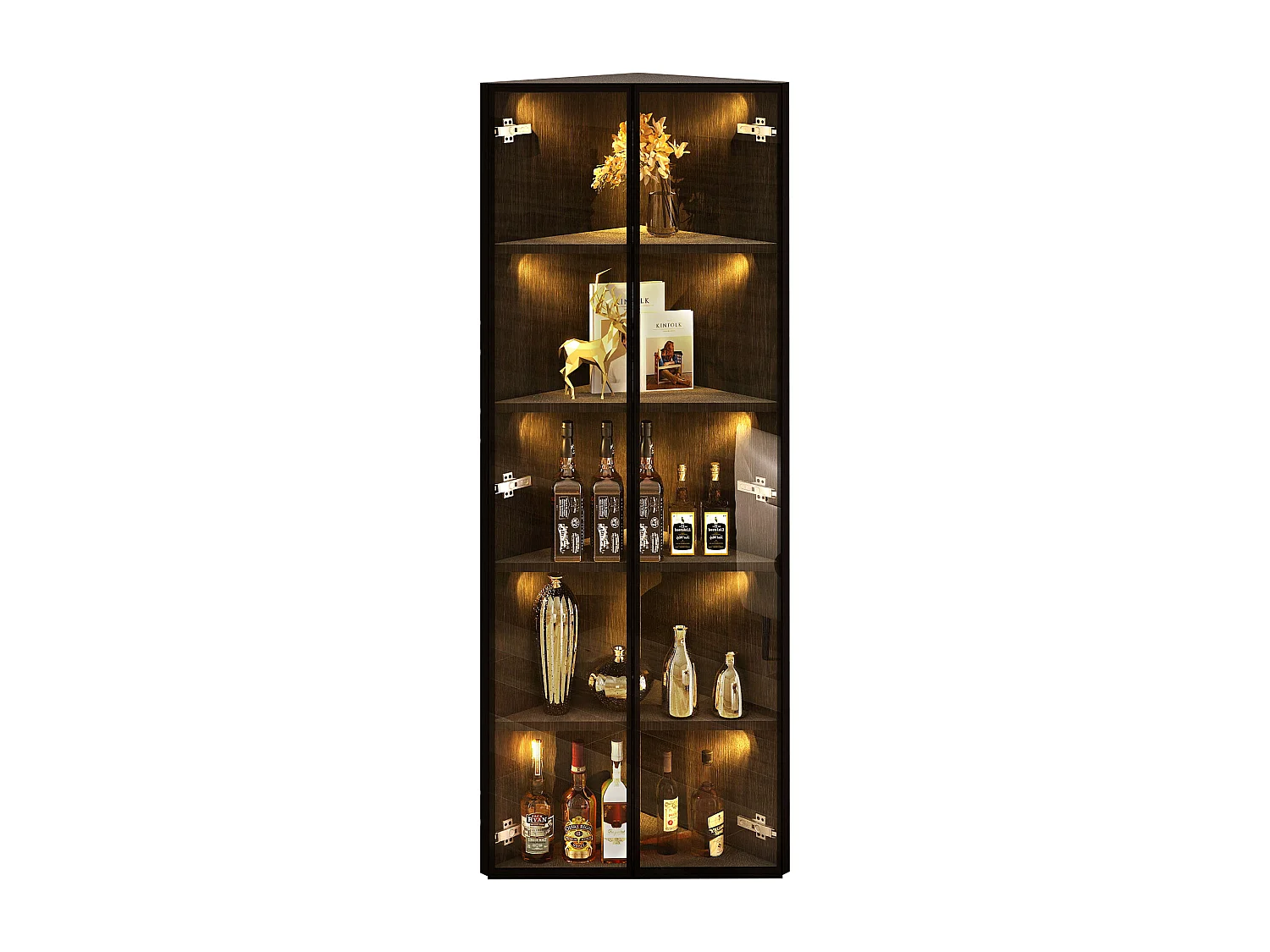 Vitrine d'angle 62x35x160cm - avec éclairage LED - 2 portes vitrées - Noir