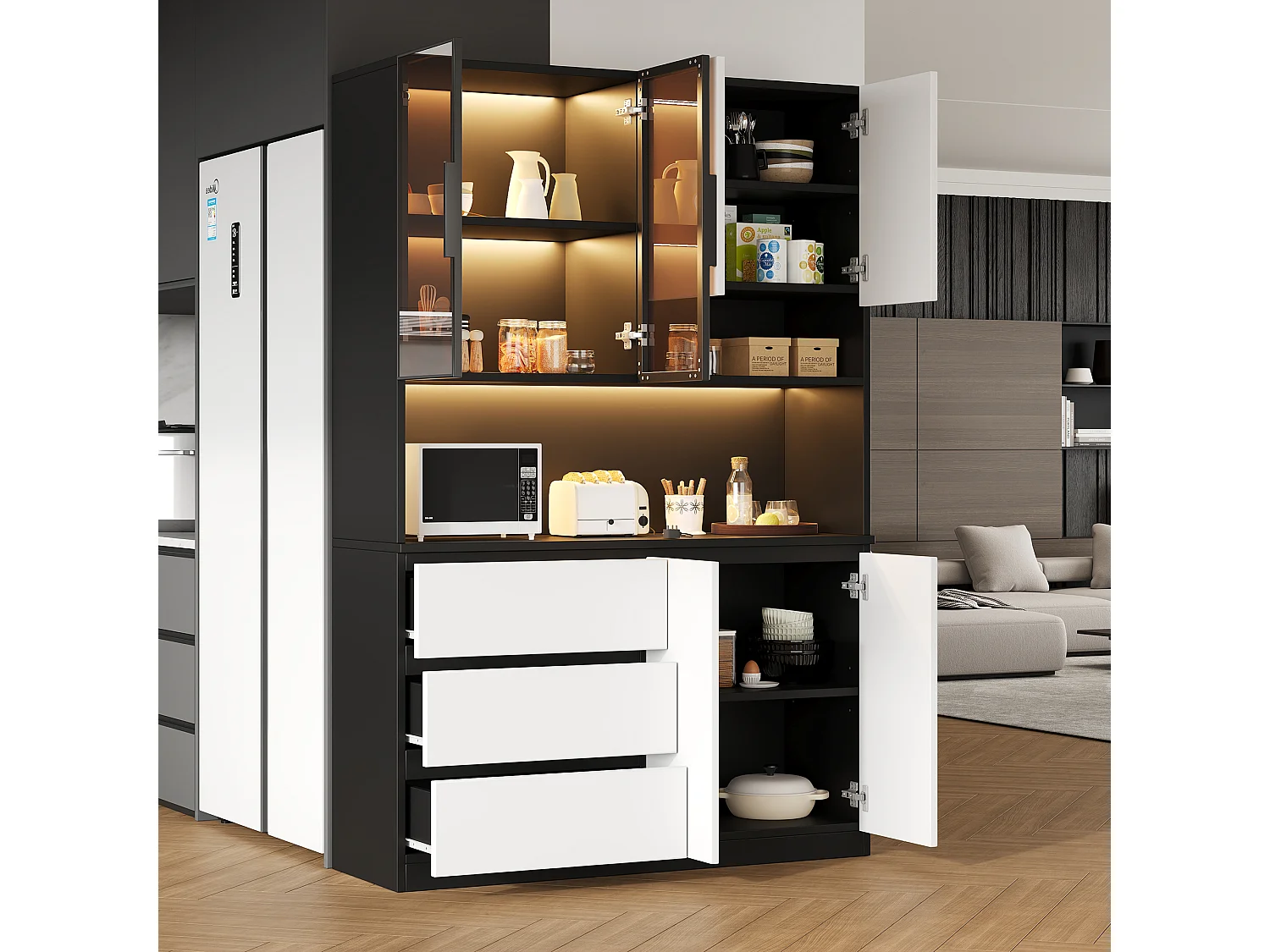 Hohes Küchen-Sideboard – 120,5 x 40 x 180 cm – mit LED-Beleuchtung + 3 Schubladen + 6 Türen + Einlegeböden – Spanplatte – weiß + schwarz