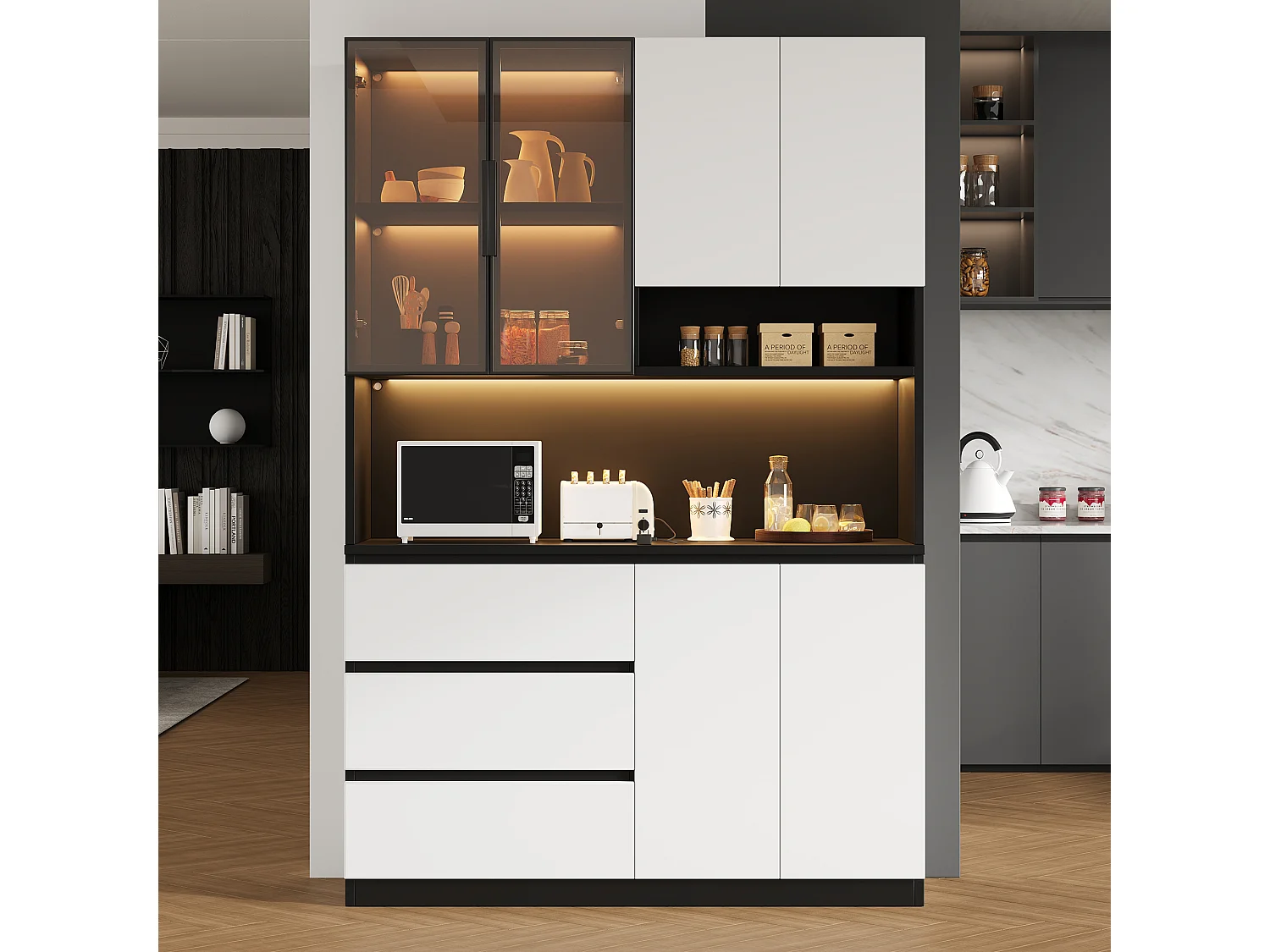 Hohes Küchen-Sideboard – 120,5 x 40 x 180 cm – mit LED-Beleuchtung + 3 Schubladen + 6 Türen + Einlegeböden – Spanplatte – weiß + schwarz