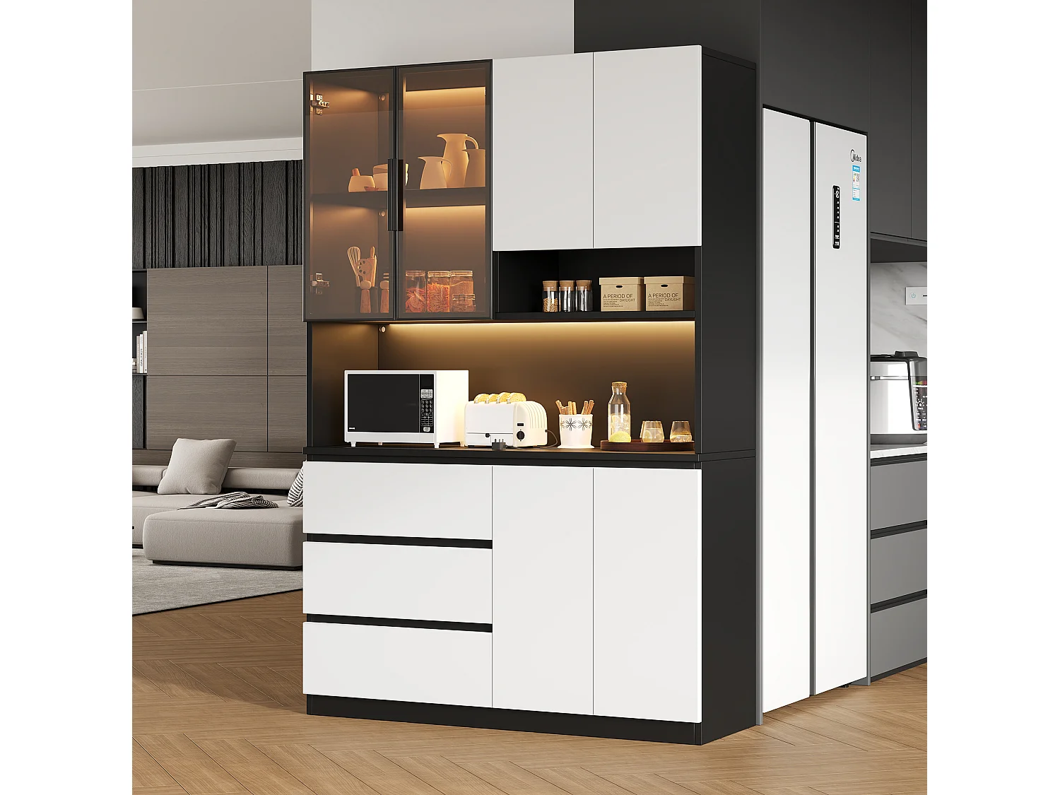 Hohes Küchen-Sideboard – 120,5 x 40 x 180 cm – mit LED-Beleuchtung + 3 Schubladen + 6 Türen + Einlegeböden – Spanplatte – weiß + schwarz