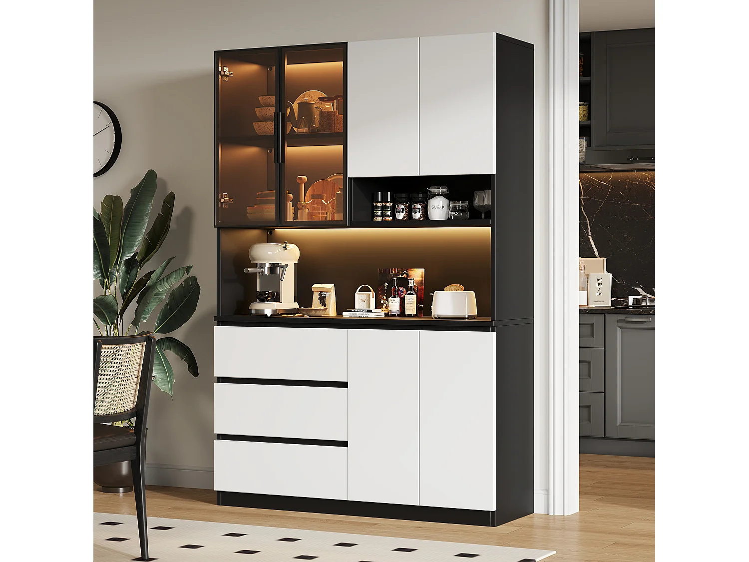 Hohes Küchen-Sideboard – 120,5 x 40 x 180 cm – mit LED-Beleuchtung + 3 Schubladen + 6 Türen + Einlegeböden – Spanplatte – weiß + schwarz