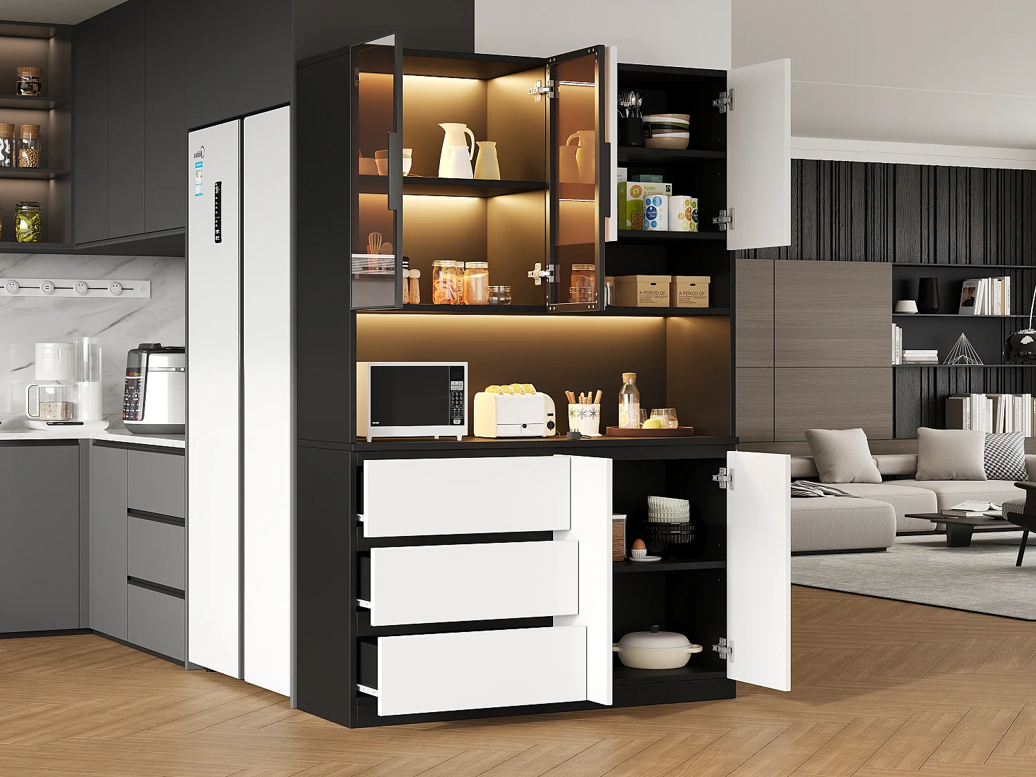 Hohes Küchen-Sideboard – 120,5 x 40 x 180 cm – mit LED-Beleuchtung + 3 Schubladen + 6 Türen + Einlegeböden – Spanplatte – weiß + schwarz