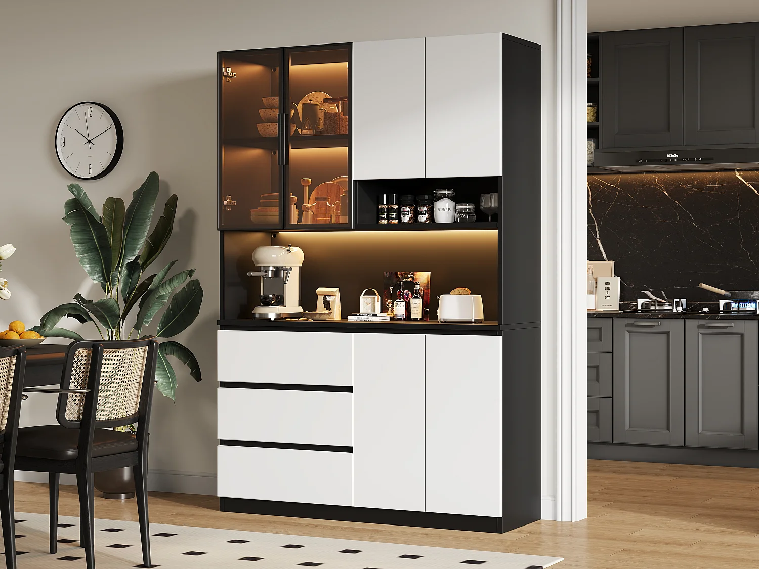 Hohes Küchen-Sideboard – 120,5 x 40 x 180 cm – mit LED-Beleuchtung + 3 Schubladen + 6 Türen + Einlegeböden – Spanplatte – weiß + schwarz