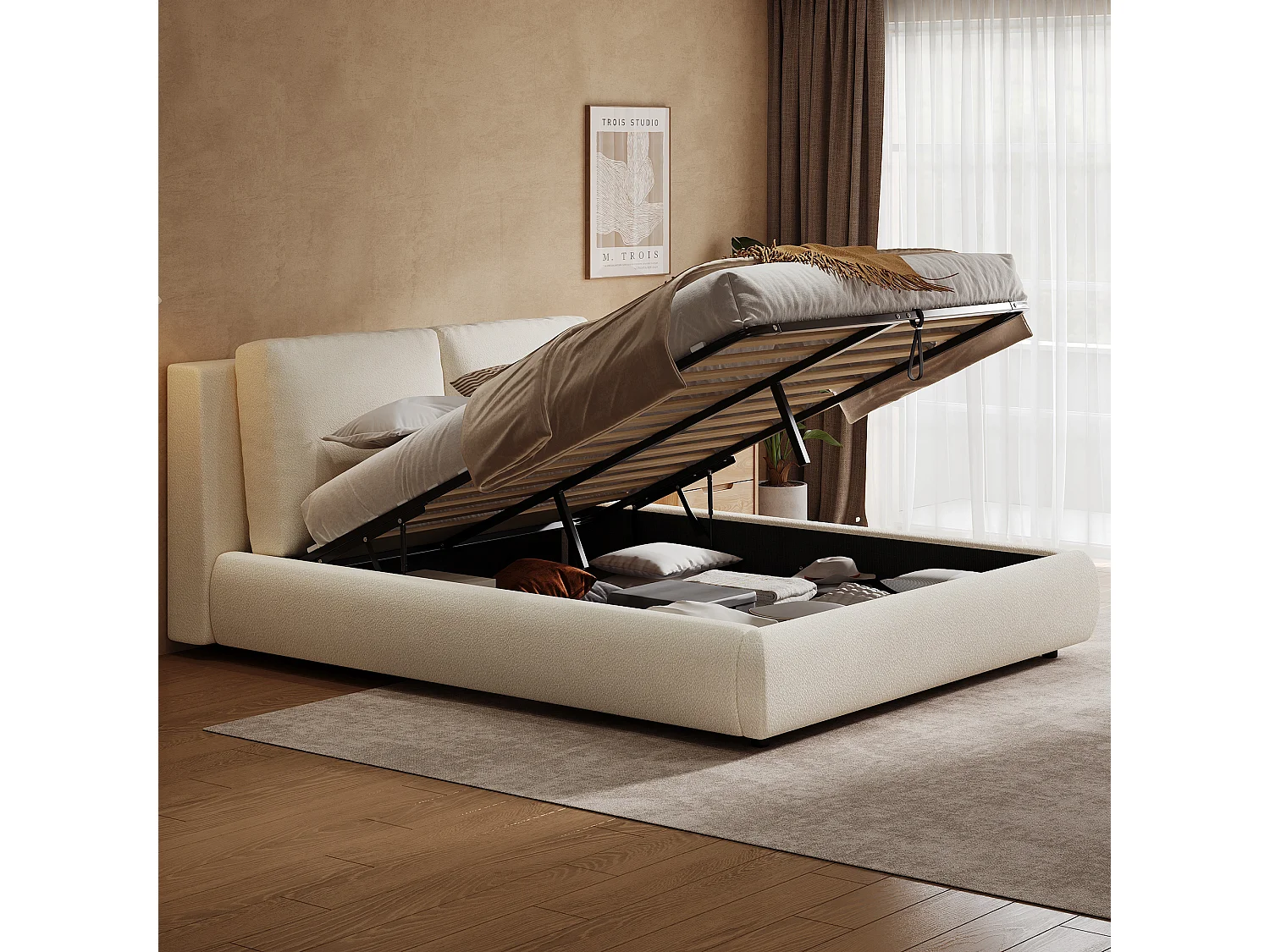 Letto con contenitore imbottito 180x200 cm - con rete a doghe - Tessuto bouclé - Beige​ (senza materasso)