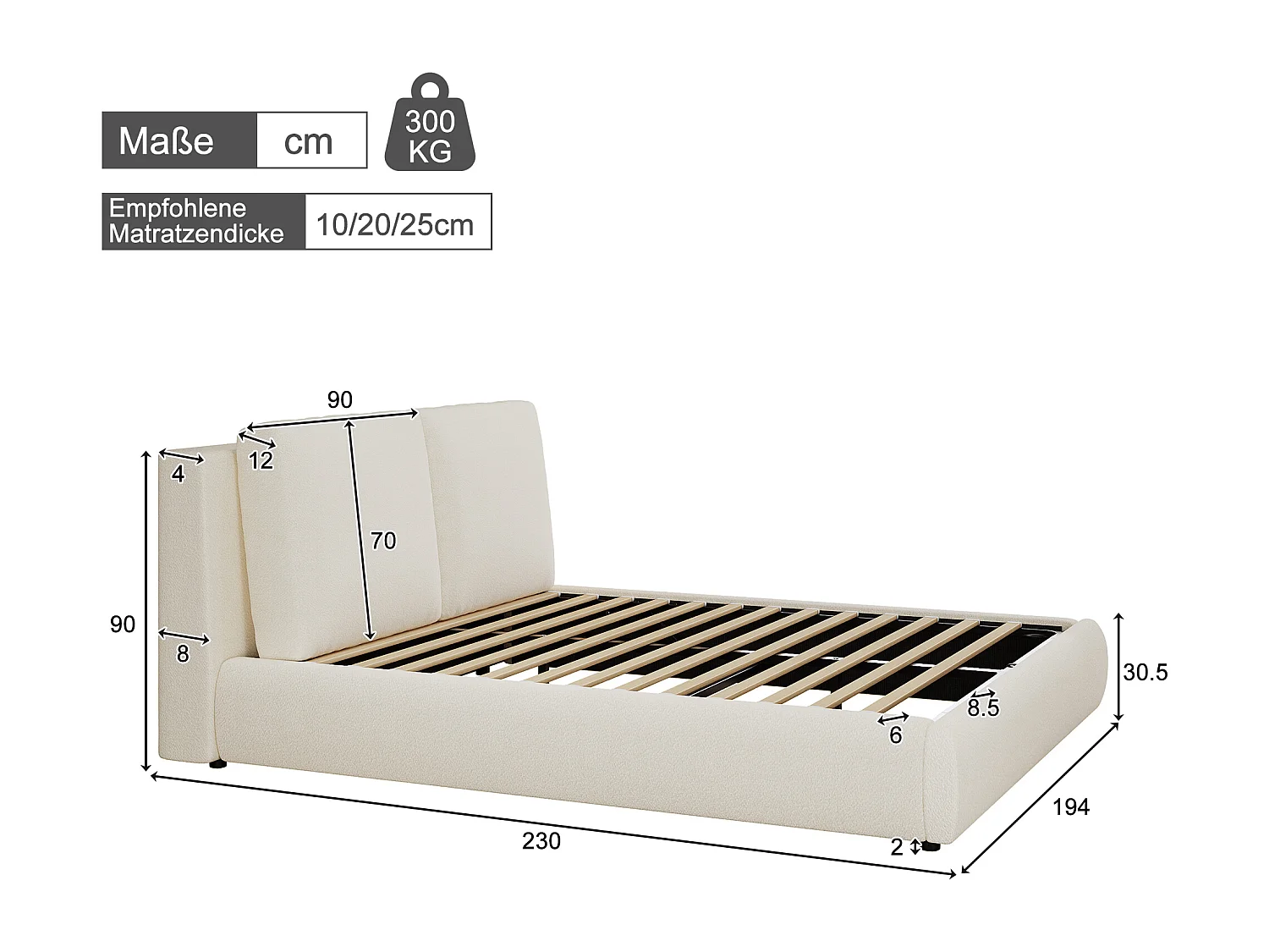 Letto con contenitore imbottito 180x200 cm - con rete a doghe - Tessuto bouclé - Beige​ (senza materasso)