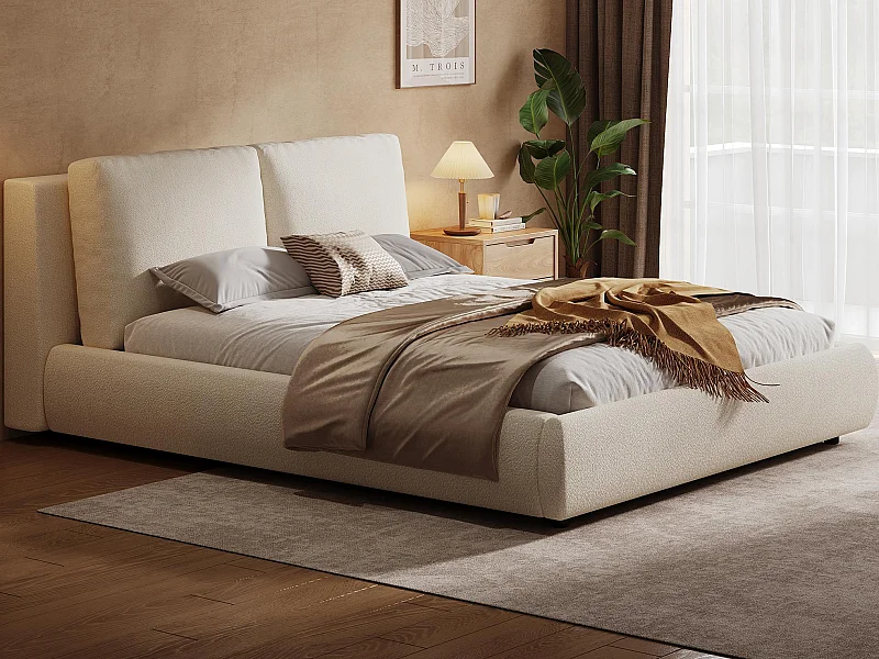 Letto con contenitore imbottito 180x200 cm - con rete a doghe - Tessuto bouclé - Beige​ (senza materasso)