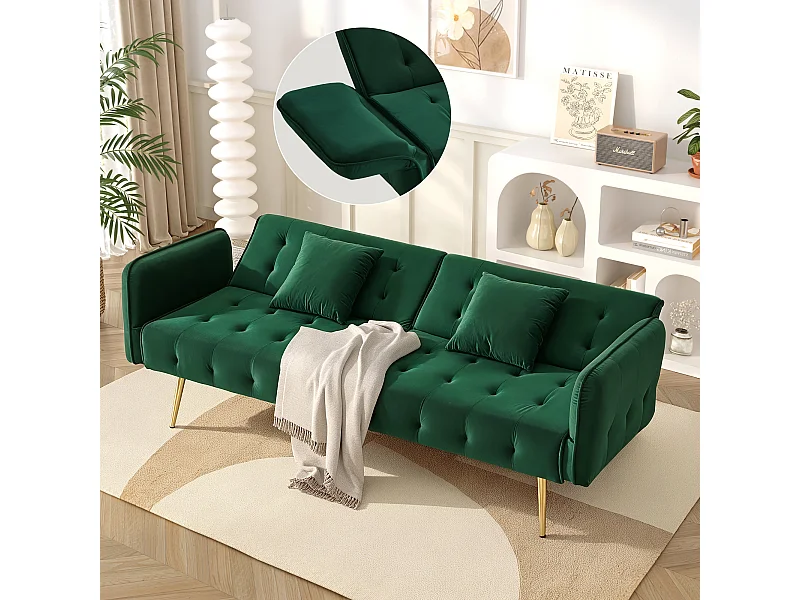 Canapé convertible 2 places - 178 x 82 x 70 cm - avec dossier réglable et accoudoirs - velours - vert