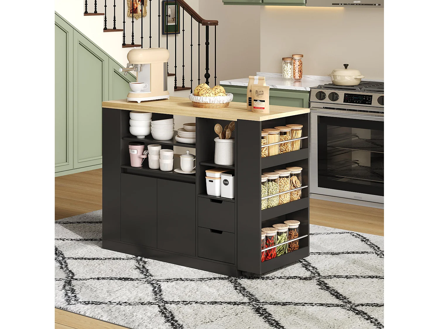 Meuble de bar de cuisine extensible et rotation - 115x50x92cm - avec 2 tiroirs et 2 portes - avec étagères latérales - Noir