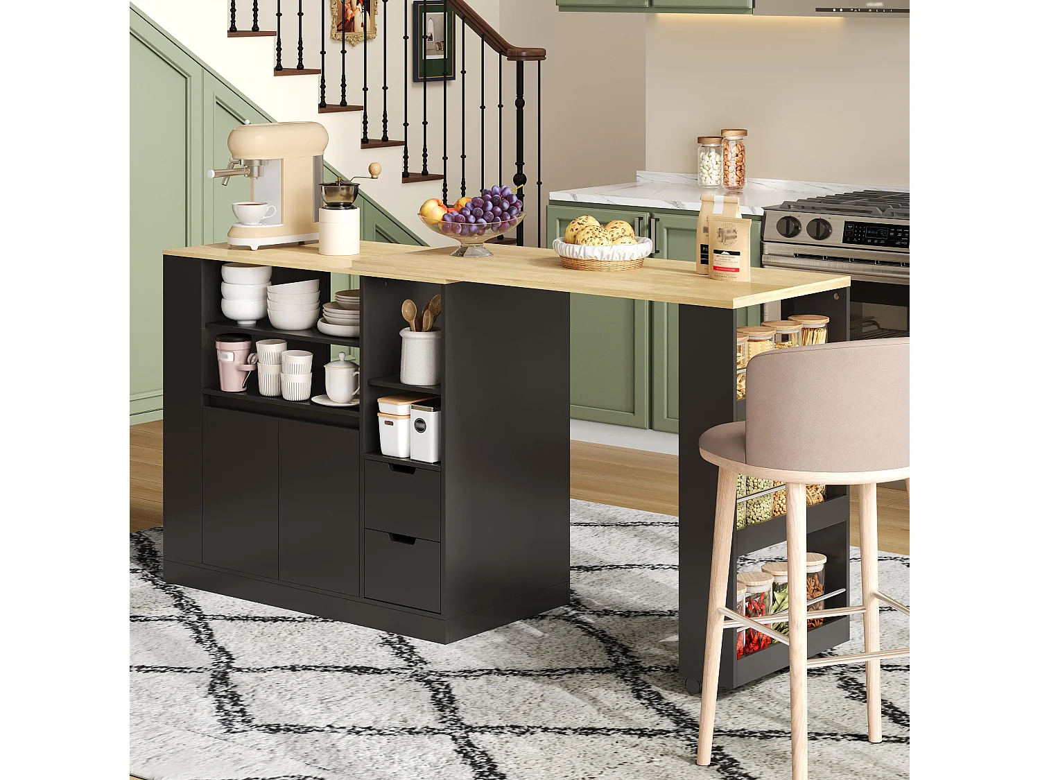 Meuble de bar de cuisine extensible et rotation - 115x50x92cm - avec 2 tiroirs et 2 portes - avec étagères latérales - Noir