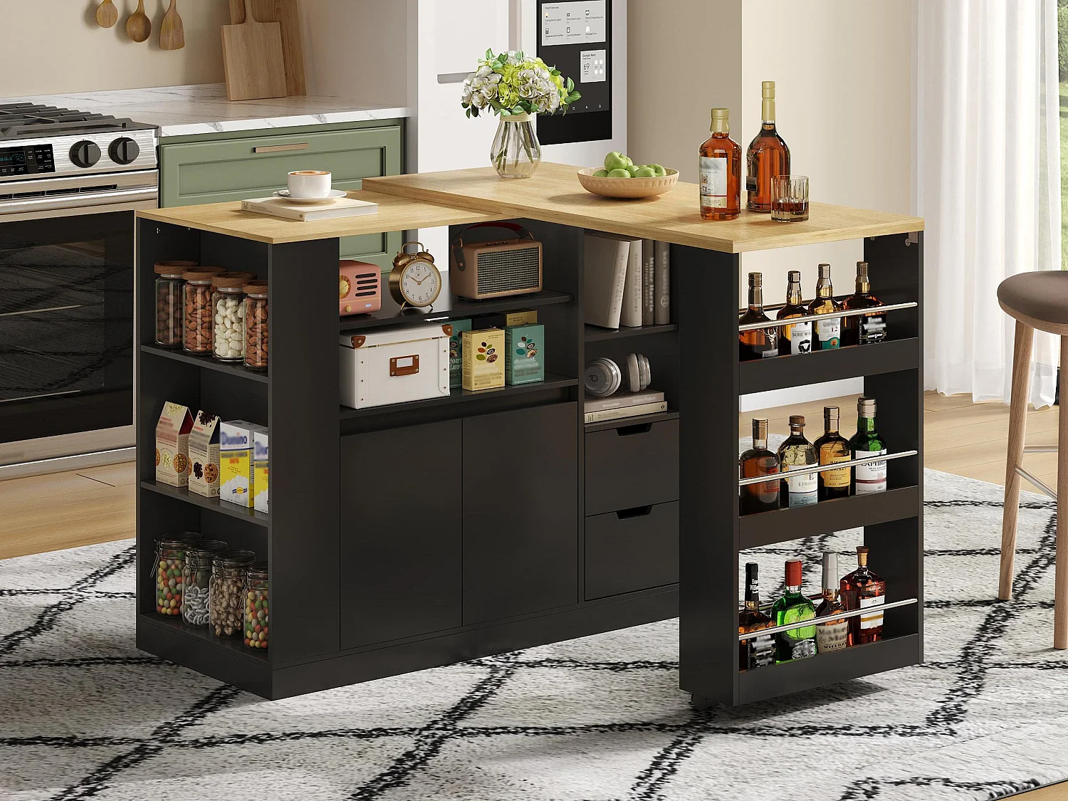 Meuble de bar de cuisine extensible et rotation - 115x50x92cm - avec 2 tiroirs et 2 portes - avec étagères latérales - Noir