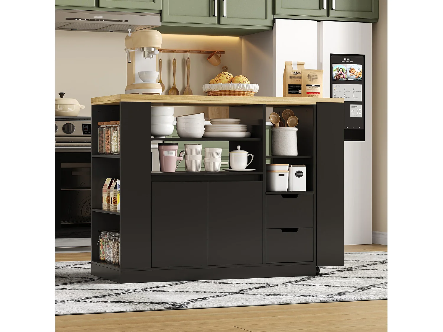 Meuble de bar de cuisine extensible et rotation - 115x50x92cm - avec 2 tiroirs et 2 portes - avec étagères latérales - Noir