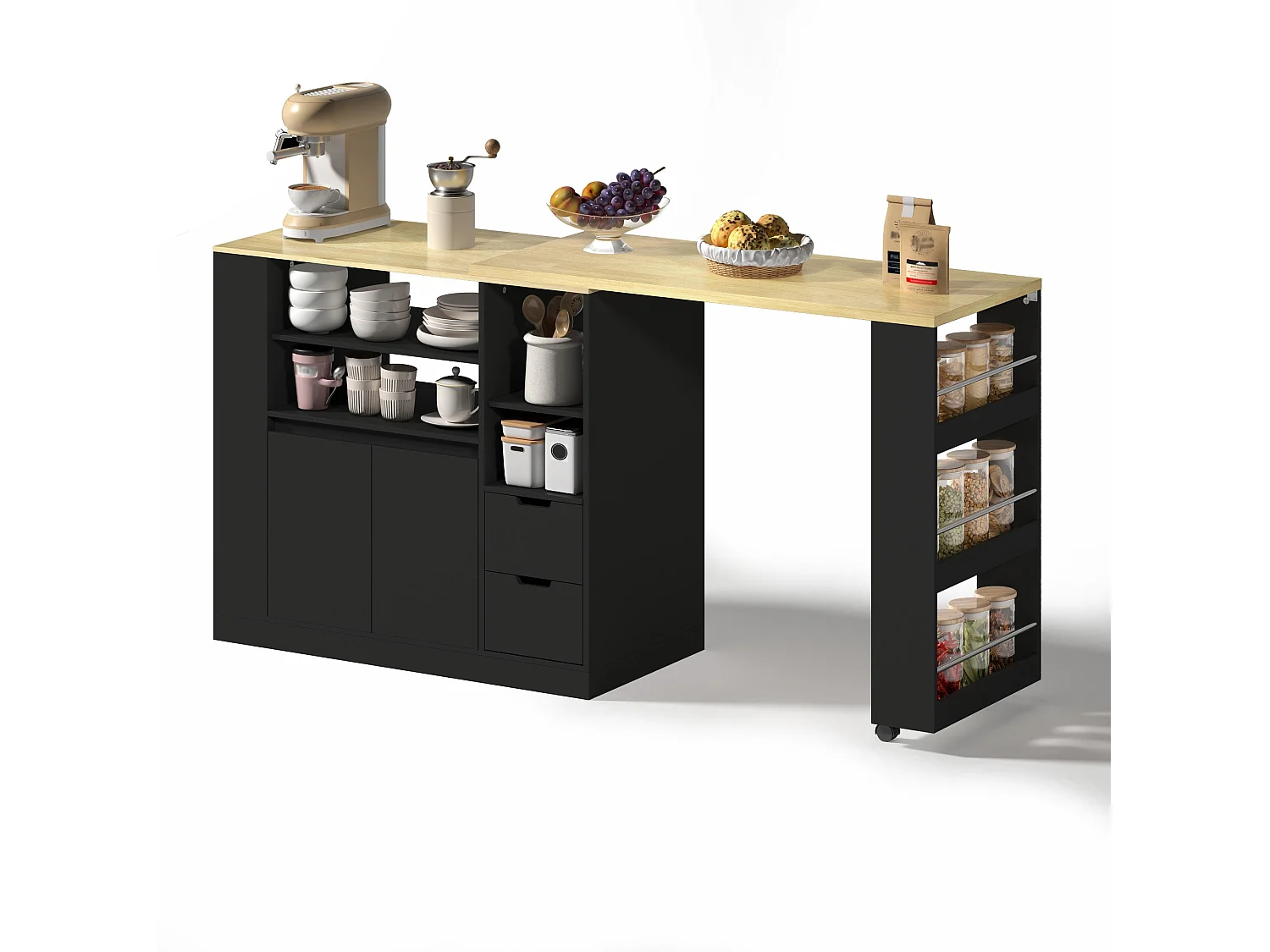 Meuble de bar de cuisine extensible et rotation - 115x50x92cm - avec 2 tiroirs et 2 portes - avec étagères latérales - Noir