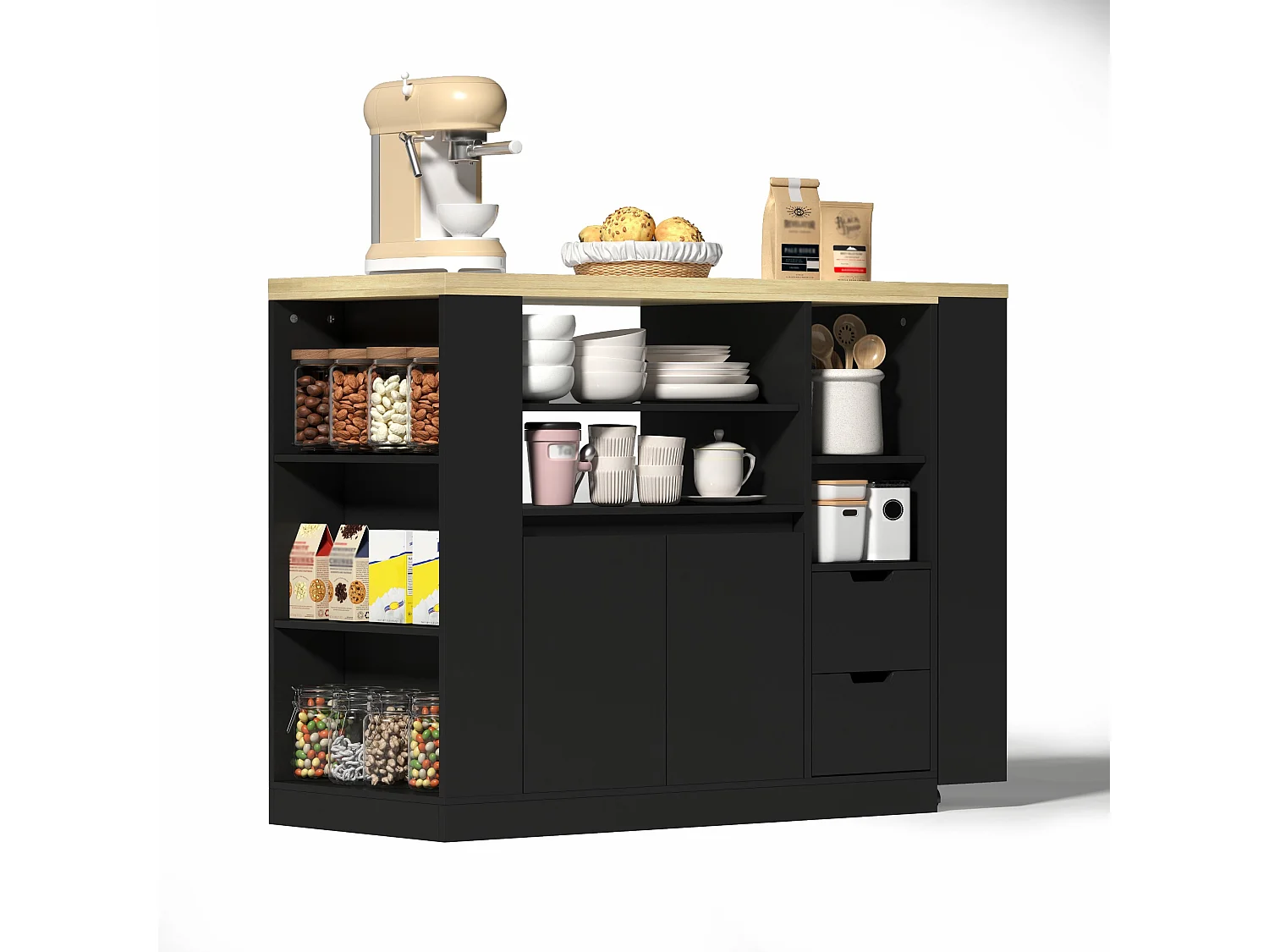 Meuble de bar de cuisine extensible et rotation - 115x50x92cm - avec 2 tiroirs et 2 portes - avec étagères latérales - Noir