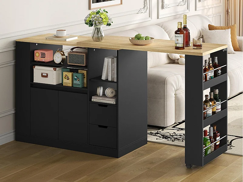 Meuble de bar de cuisine extensible et rotation - 115x50x92cm - avec 2 tiroirs et 2 portes - avec étagères latérales - Noir