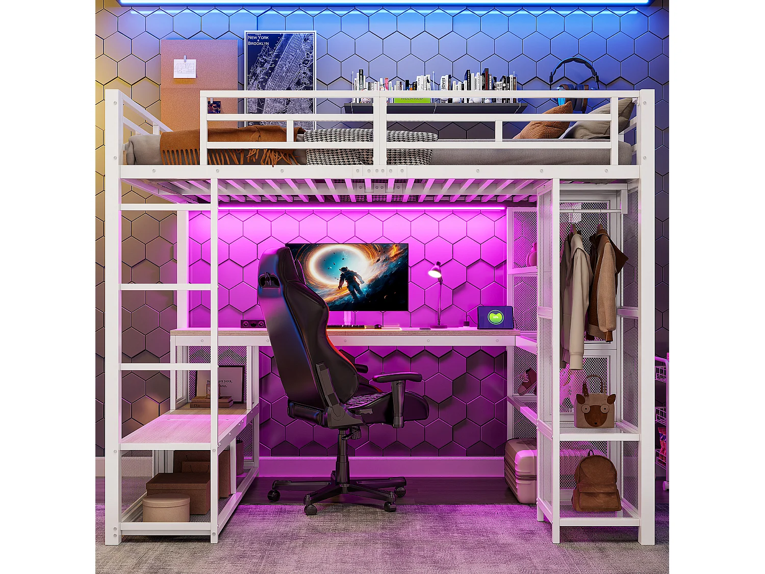 Lit mezzanine en métal 140x200 cm - avec bureau et étagères - avec penderie ouverte - Port USB et éclairage LED - Blanc (sans matelas)