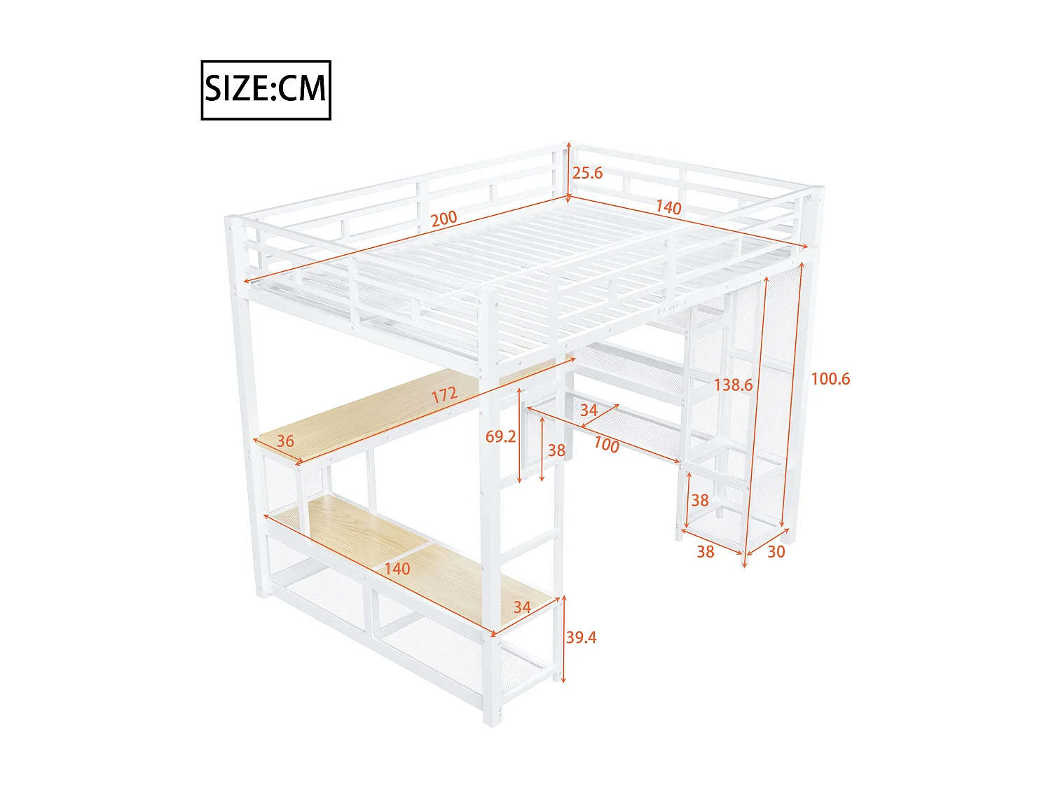 Lit mezzanine en métal 140x200 cm - avec bureau et étagères - avec penderie ouverte - Port USB et éclairage LED - Blanc (sans matelas)