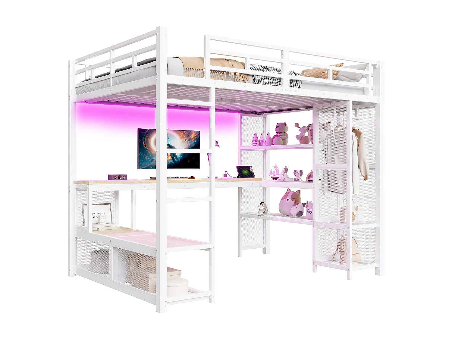 Lit mezzanine en métal 140x200 cm - avec bureau et étagères - avec penderie ouverte - Port USB et éclairage LED - Blanc (sans matelas)