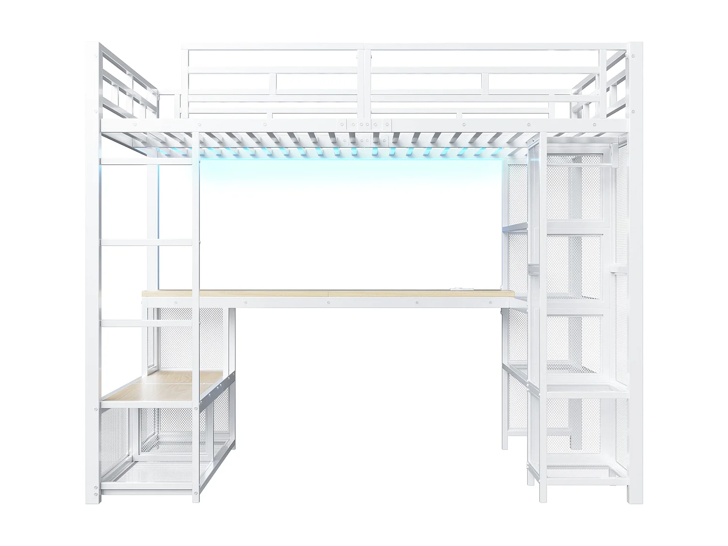 Lit mezzanine en métal 140x200 cm - avec bureau et étagères - avec penderie ouverte - Port USB et éclairage LED - Blanc (sans matelas)