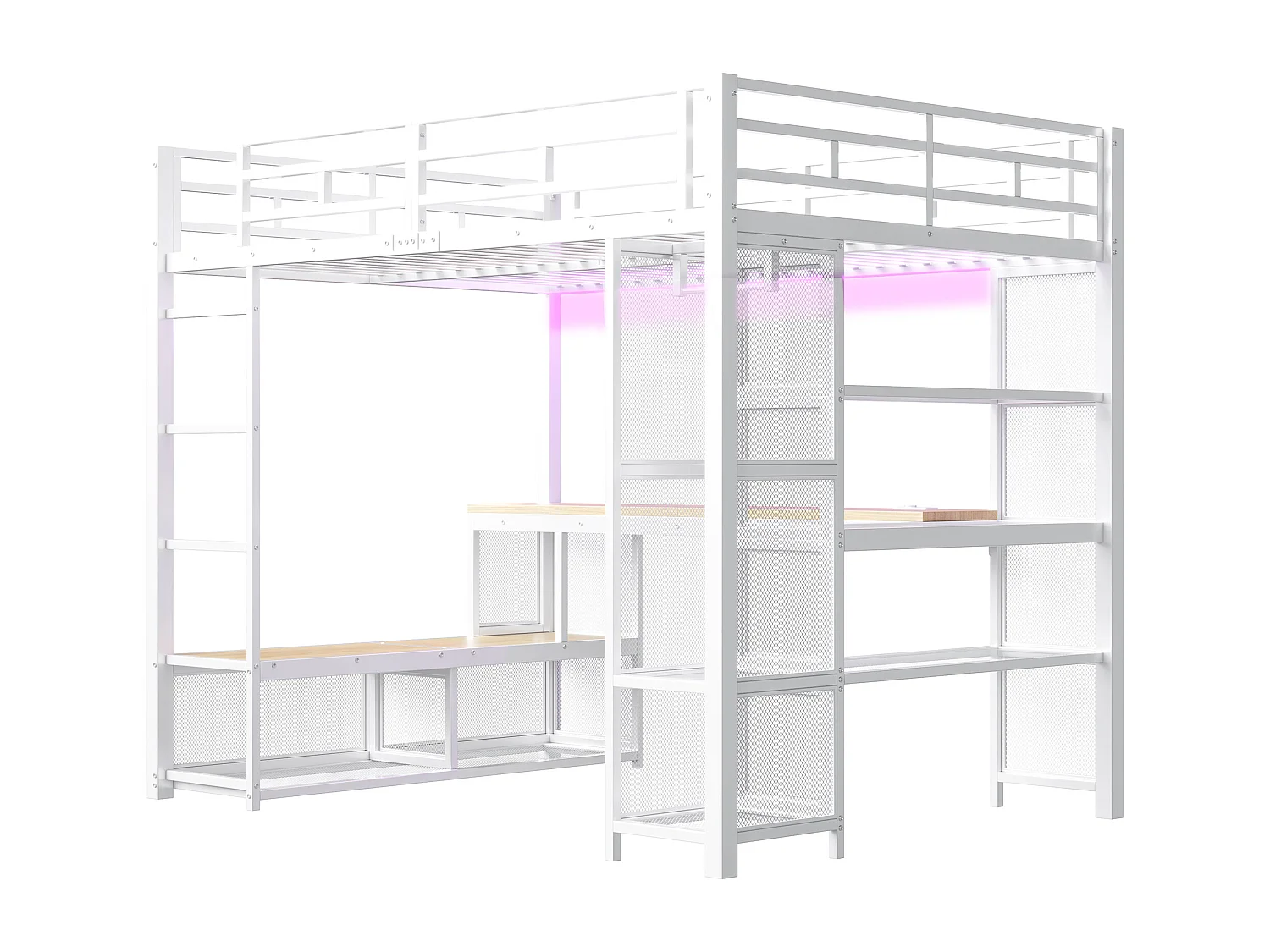 Lit mezzanine en métal 140x200 cm - avec bureau et étagères - avec penderie ouverte - Port USB et éclairage LED - Blanc (sans matelas)