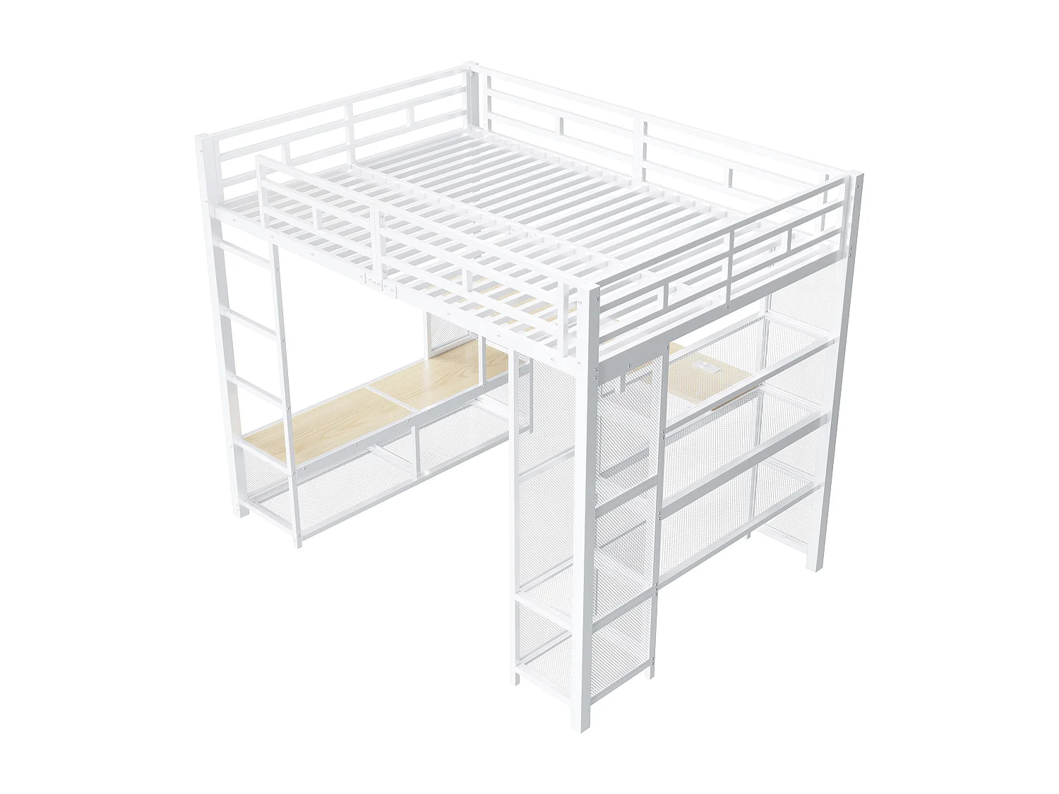 Lit mezzanine en métal 140x200 cm - avec bureau et étagères - avec penderie ouverte - Port USB et éclairage LED - Blanc (sans matelas)