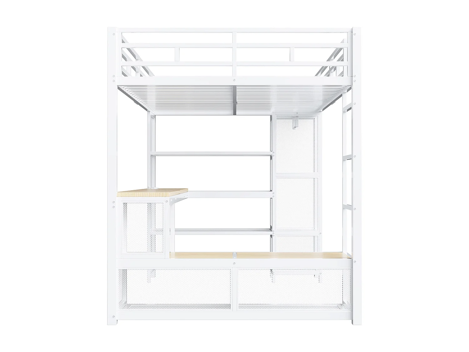 Lit mezzanine en métal 140x200 cm - avec bureau et étagères - avec penderie ouverte - Port USB et éclairage LED - Blanc (sans matelas)