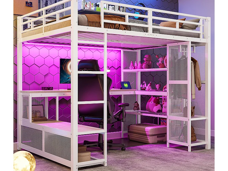 Lit mezzanine en métal 140x200 cm - avec bureau et étagères - avec penderie ouverte - Port USB et éclairage LED - Blanc (sans matelas)