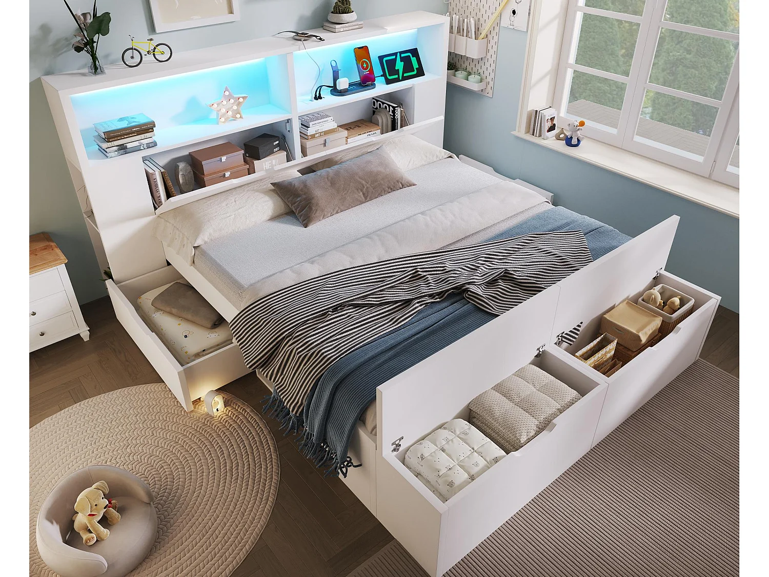 Lit double 140x200cm - avec lumière LED et port USB - avec banc coffre - grand espace de rangement - Blanc (matelas non inclus)