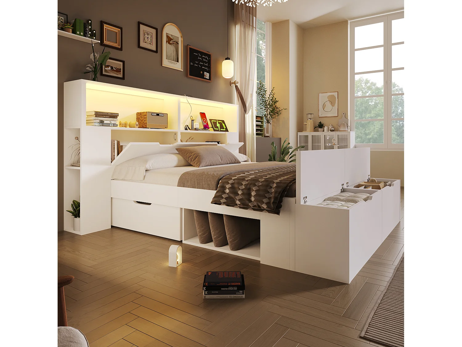 Lit double 140x200cm - avec lumière LED et port USB - avec banc coffre - grand espace de rangement - Blanc (matelas non inclus)