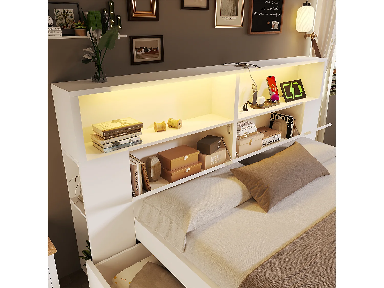 Lit double 140x200cm - avec lumière LED et port USB - avec banc coffre - grand espace de rangement - Blanc (matelas non inclus)