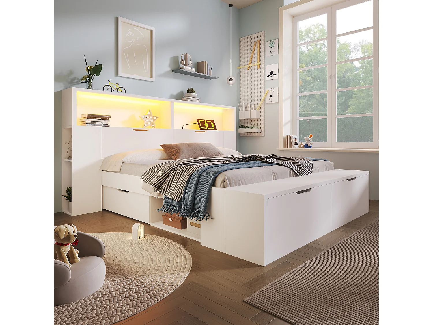 Lit double 140x200cm - avec lumière LED et port USB - avec banc coffre - grand espace de rangement - Blanc (matelas non inclus)