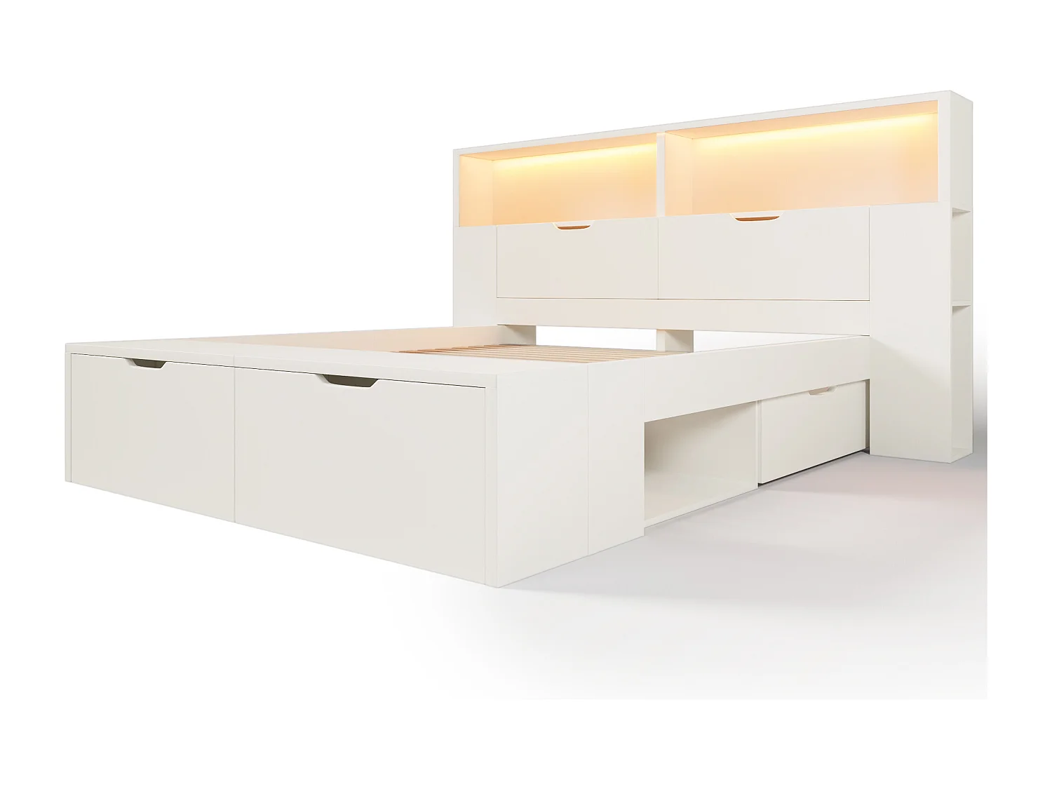 Lit double 140x200cm - avec lumière LED et port USB - avec banc coffre - grand espace de rangement - Blanc (matelas non inclus)