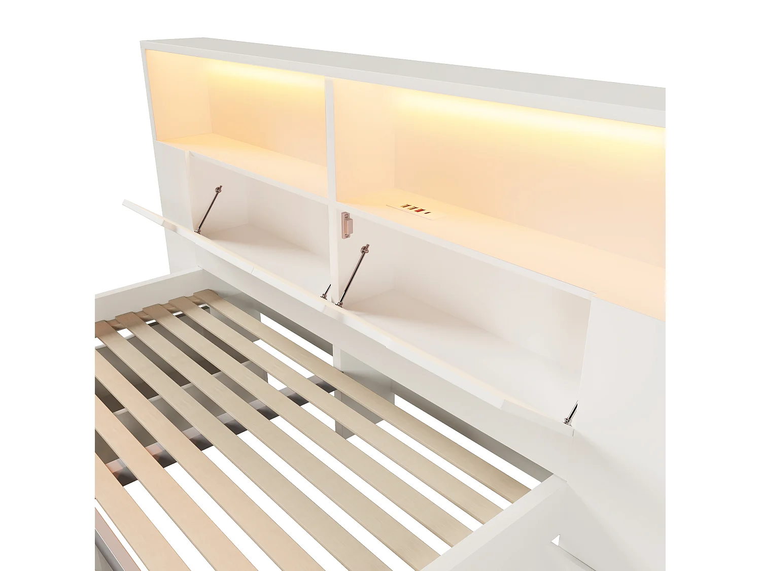 Lit double 140x200cm - avec lumière LED et port USB - avec banc coffre - grand espace de rangement - Blanc (matelas non inclus)