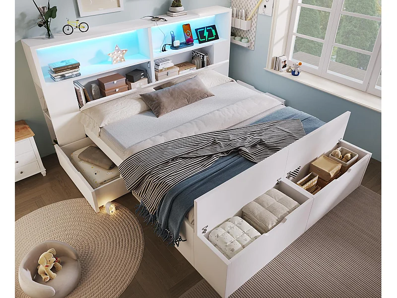 Lit double 140x200cm - avec lumière LED et port USB - avec banc coffre - grand espace de rangement - Blanc (matelas non inclus)