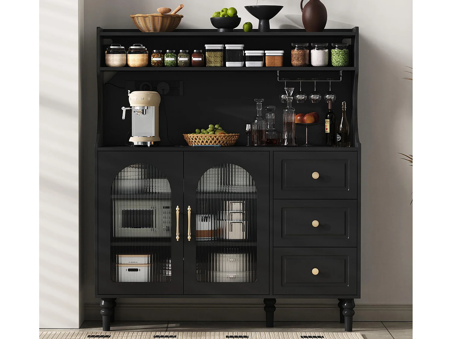 Modernes Küchenbuffet 120x40x138.5cm - mit Steckdose und Weinglashaltern - mit 3 Schubladen und 2 Türen - Schwarz