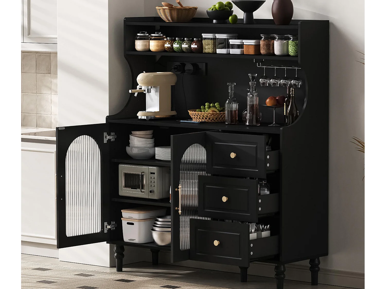 Modernes Küchenbuffet 120x40x138.5cm - mit Steckdose und Weinglashaltern - mit 3 Schubladen und 2 Türen - Schwarz