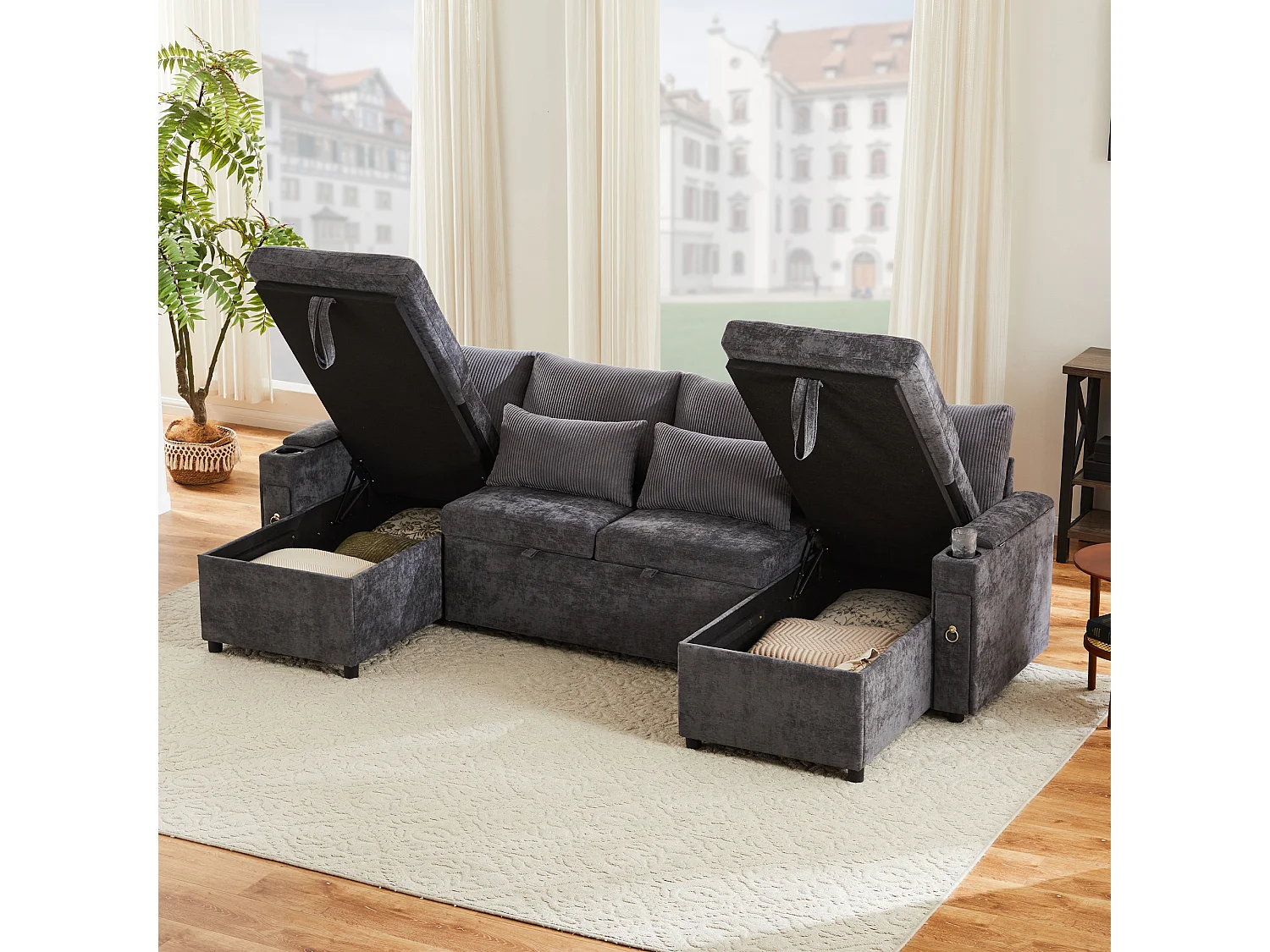 Canapé convertible gigogne 4 places - 272 x 131 x 84 cm - avec porte-gobelets + rangement + coussins - velours - gris