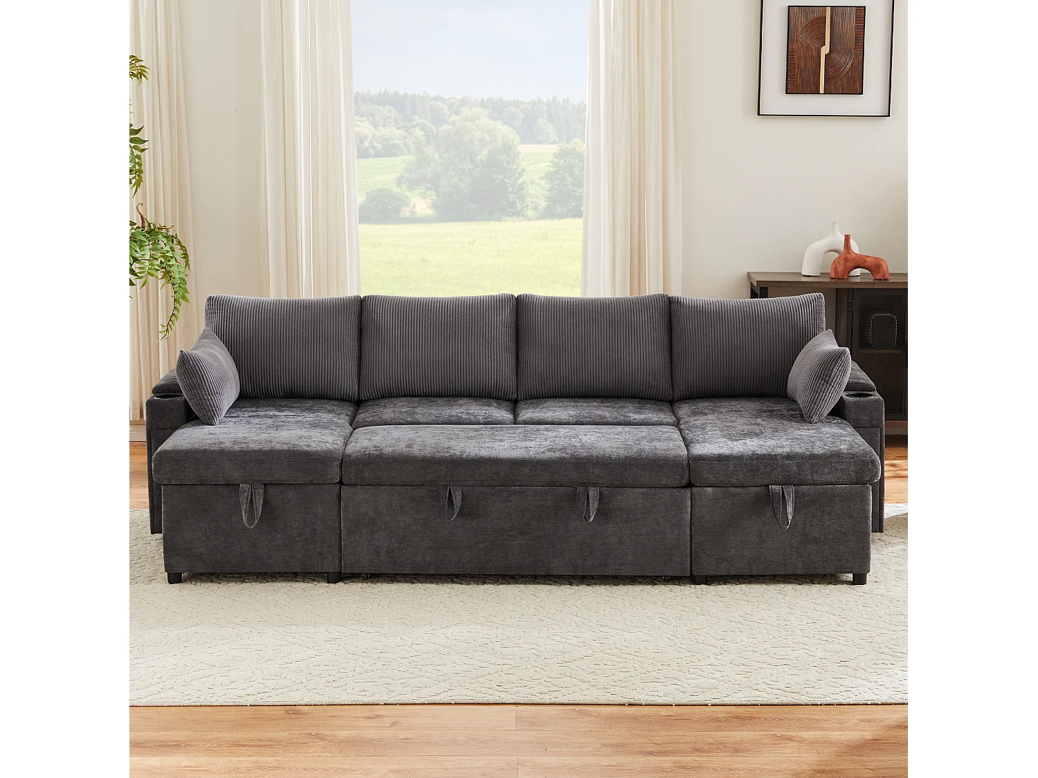 Canapé convertible gigogne 4 places - 272 x 131 x 84 cm - avec porte-gobelets + rangement + coussins - velours - gris